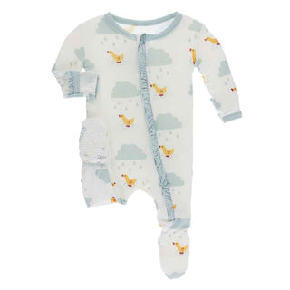 KicKee Pants Print Classic Ruffle Footie with Zipper - Natural Puddle Duck