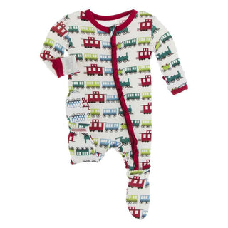 KicKee Pants Print Classic Ruffle Footie with Zipper - Natural Toy Train
