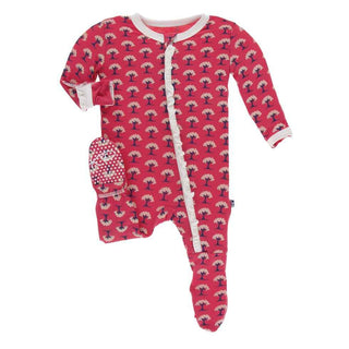 KicKee Pants Print Classic Ruffle Footie with Zipper - Red Ginger Mini Trees