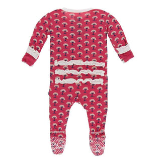 KicKee Pants Print Classic Ruffle Footie with Zipper - Red Ginger Mini Trees
