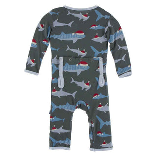 KicKee Pants Print Coverall with Zipper - Pewter Santa Sharks