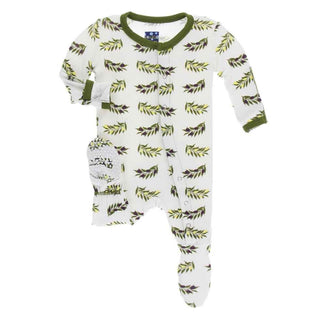 KicKee Pants Print Footie with Snaps - Natural Olive Branch