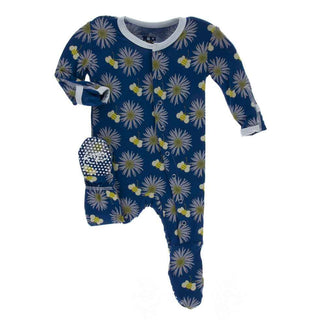 KicKee Pants Print Footie with Snaps - Navy Cornflower and Bee