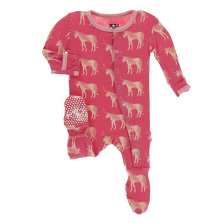 KicKee Pants Print Footie with Snaps - Red Ginger Unicorns