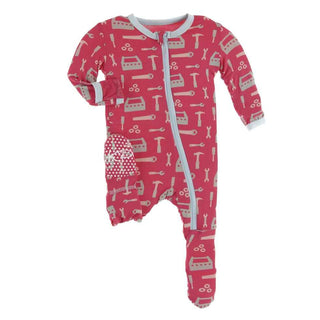 KicKee Pants Print Footie with Zipper - Flag Red Construction