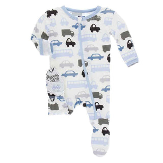 KicKee Pants Print Footie with Zipper - Natural Cars and Trucks
