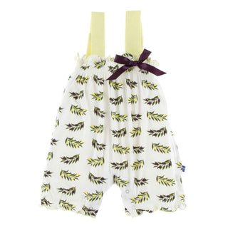 KicKee Pants Print Gathered Romper with Bow - Natural Olive Branch