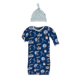 KicKee Pants Print Gown Converter and Knot Hat Set - Navy Education