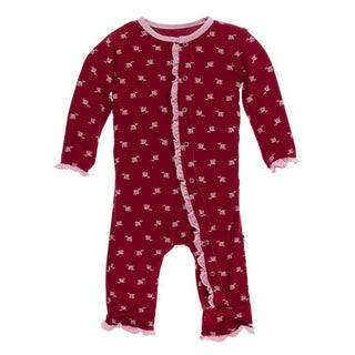 KicKee Pants Print Layette Classic Ruffle Coverall with Snaps - Candy Apple Rose Bud