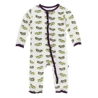 KicKee Pants Print Layette Classic Ruffle Coverall with Snaps - Natural Olive Branch