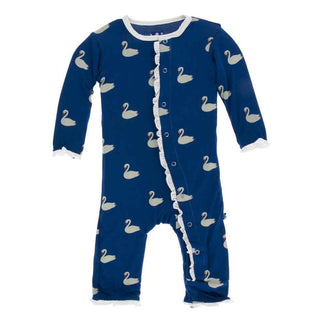 KicKee Pants Print Layette Classic Ruffle Coverall with Snaps - Navy Queens Swans