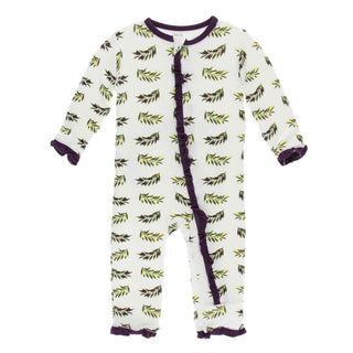 KicKee Pants Print Layette Classic Ruffle Coverall with Zipper - Natural Olive Branch