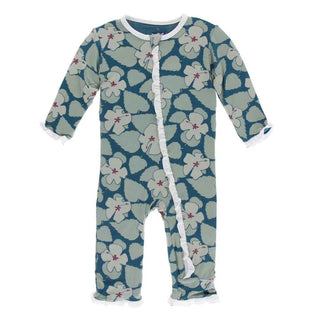 KicKee Pants Print Layette Classic Ruffle Coverall with Zipper - Oasis Hibiscus