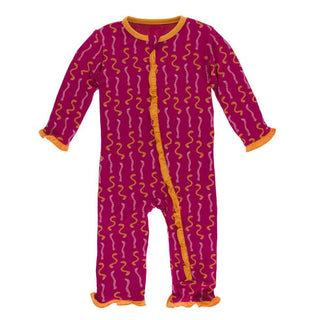 KicKee Pants Print Layette Classic Ruffle Coverall with Zipper - Rhododendron Worms