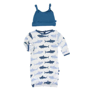 KicKee Pants Print Layette Gown and Double Knot Hat Set - Natural Megalodon