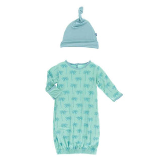 KicKee Pants Print Layette Gown and Single Knot Hat Set - Glass Palm Trees