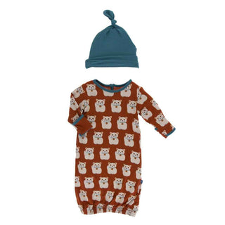 KicKee Pants Print Layette Gown and Single Knot Hat Set - Lucky Cat