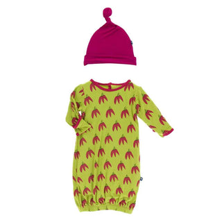 KicKee Pants Print Layette Gown and Single Knot Hat Set - Meadow Chili Peppers