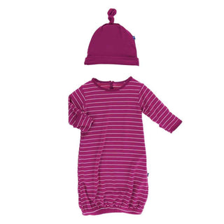 KicKee Pants Print Layette Gown and Single Knot Hat Set - Tokyo Dragonfruit Stripe