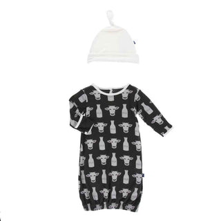 KicKee Pants Print Layette Gown and Single Knot Hat Set - Zebra Tuscan Cow