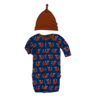 KicKee Pants Print Layette Gown Converter and Knot Hat Set - Navy Fox