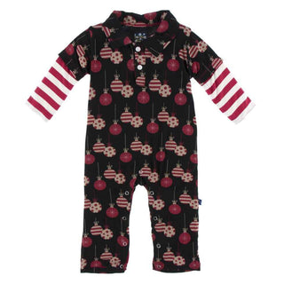 KicKee Pants Print Long Sleeve Double Layer Polo Romper - Midnight Ornaments