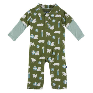 KicKee Pants Print Long Sleeve Double Layer Polo Romper - Moss Puppies and Presents