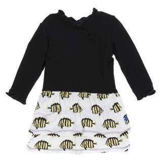 KicKee Pants Print Long Sleeve Drop Waist Dress, Natural Butterflyfish