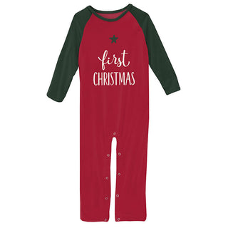 KicKee Pants Print Long Sleeve Graphic Raglan Romper - Crimson First Christmas