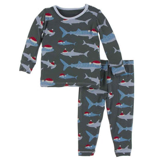 KicKee Pants Print Long Sleeve Pajama Set - Pewter Santa Sharks