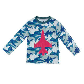 KicKee Pants Print Long Sleeve Piece Print Easy Fit Crew Neck Tee - Oasis Military Fighter Jet