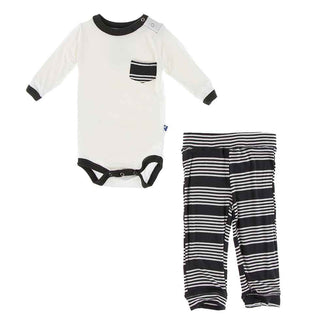 KicKee Pants Print Long Sleeve Pocket One Piece and Pant Outfit Set - Zebra Agriculture Stripe