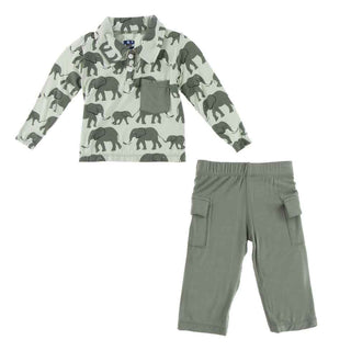 KicKee Pants Print Long Sleeve Polo with Pocket and Cargo Pant Set - Aloe Elephants