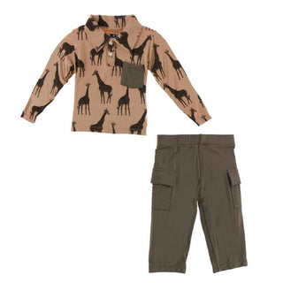 KicKee Pants Print Long Sleeve Polo with Pocket and Cargo Pant Set - Suede Giraffes