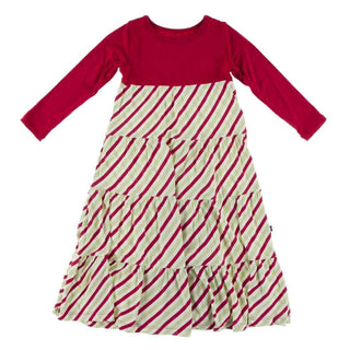 KicKee Pants Print Long Sleeve Tiered Dress, 2020 Candy Cane Stripe