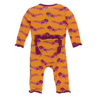 KicKee Pants Print Muffin Ruffle Coverall with Snaps - Apricot Octopus