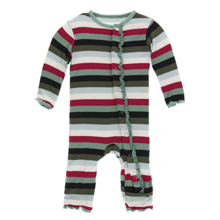 KicKee Pants Print Muffin Ruffle Coverall with Snaps - Christmas Multi Stripe