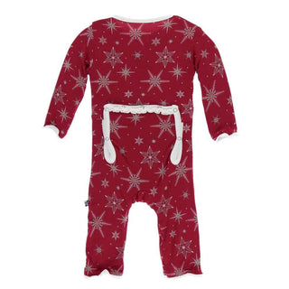 KicKee Pants Print Muffin Ruffle Coverall with Snaps - Crimson Snowflakes