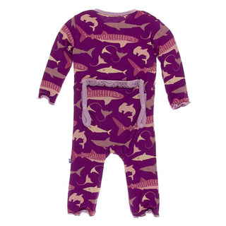 KicKee Pants Print Muffin Ruffle Coverall with Snaps - Melody Sharks