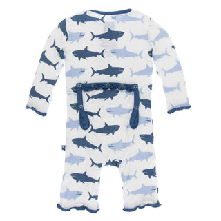 KicKee Pants Print Muffin Ruffle Coverall with Snaps - Natural Megalodon