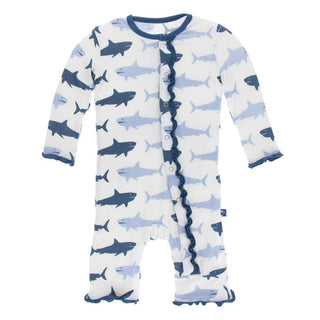 KicKee Pants Print Muffin Ruffle Coverall with Snaps - Natural Megalodon