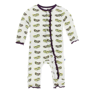 KicKee Pants Print Muffin Ruffle Coverall with Snaps - Natural Olive Branch