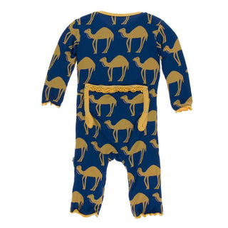 KicKee Pants Print Muffin Ruffle Coverall with Snaps - Navy Camel