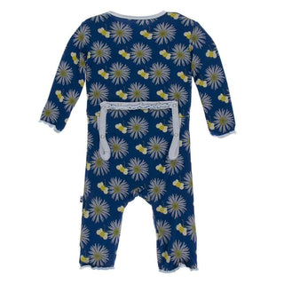 KicKee Pants Print Muffin Ruffle Coverall with Snaps - Navy Cornflower and Bee
