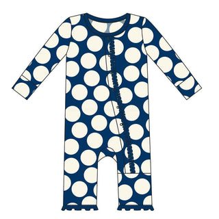 KicKee Pants Print Muffin Ruffle Coverall with Snaps - Navy Mod Dot