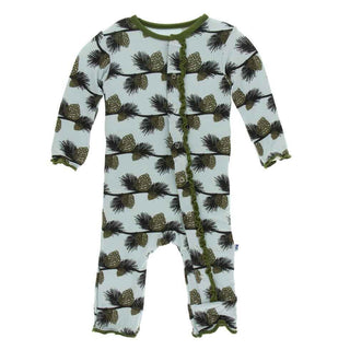 KicKee Pants Print Muffin Ruffle Coverall with Snaps - Spring Sky Pine Cones