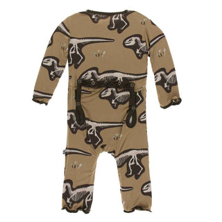 KicKee Pants Print Muffin Ruffle Coverall with Snaps - Tannin T-Rex Dig