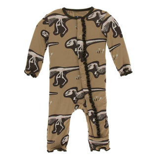 KicKee Pants Print Muffin Ruffle Coverall with Snaps - Tannin T-Rex Dig