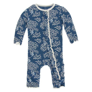 KicKee Pants Print Muffin Ruffle Coverall with Snaps - Twilight Coral Fans