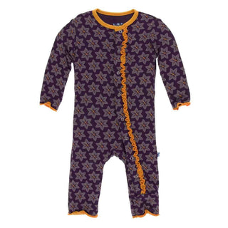 KicKee Pants Print Muffin Ruffle Coverall with Snaps - Wine Grapes Saffron